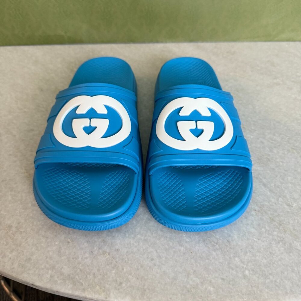 GUCCI 780296 Blue Rubber Men's GG Sandals, sz Gucci 7 - Picture 2 of 11